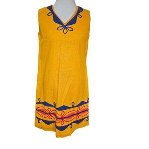 Vintage 60s Size Medium Orange Cotton Shift Dress‎ Eddy George Sleeveless Ricrac
